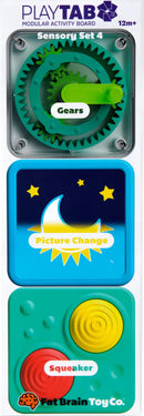 Playtab Sensory Set 4 consists of three interactive units: a green gear mechanism for hands-on exploration, a 'Picture Change' sliding feature, and a colorful squeaker button. Designed for ages 12 months and up, this sensory set encourages tactile engagement and cognitive development in young children.