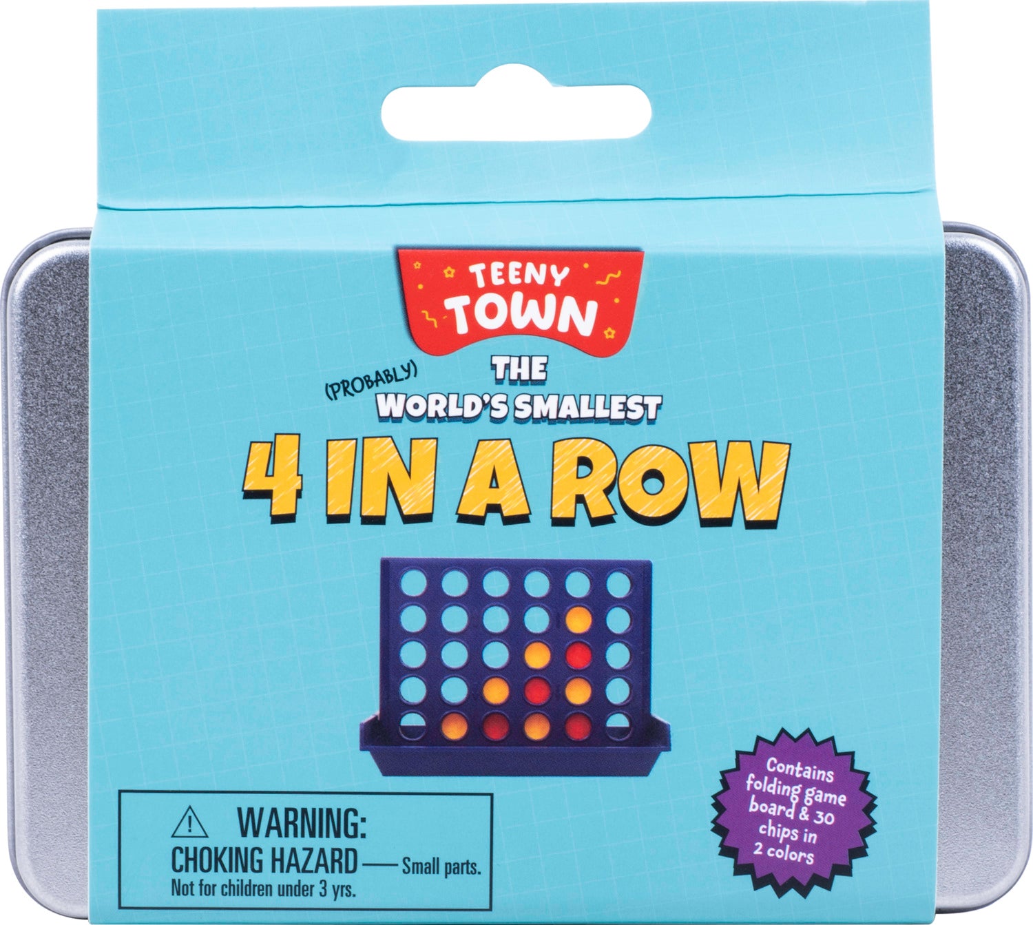 Teeny Town 4 in a Row game by Fizz Creations Inc., packaged in a colorful box. The packaging features a blue background with the game title prominently displayed. The game includes a small folding game board and 30 chips in two colors, designed for a fun, portable gaming experience.