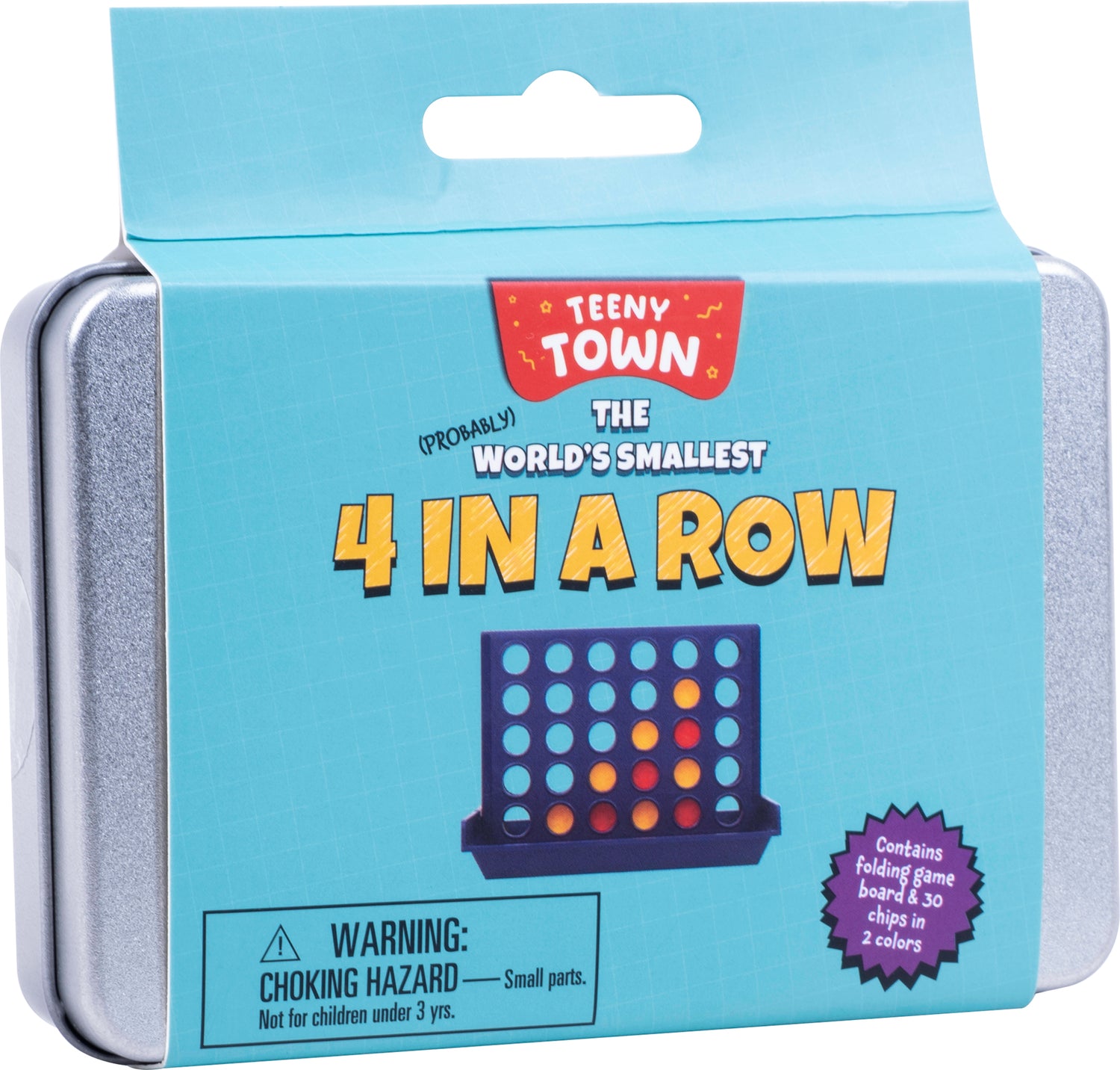 Teeny Town 4 in a Row game packaging showcasing the compact design. The box features vibrant colors with the title prominently displayed. Includes a folding game board and 30 colored chips for playing. Warning label indicates small parts. Ideal for family game night or travel.