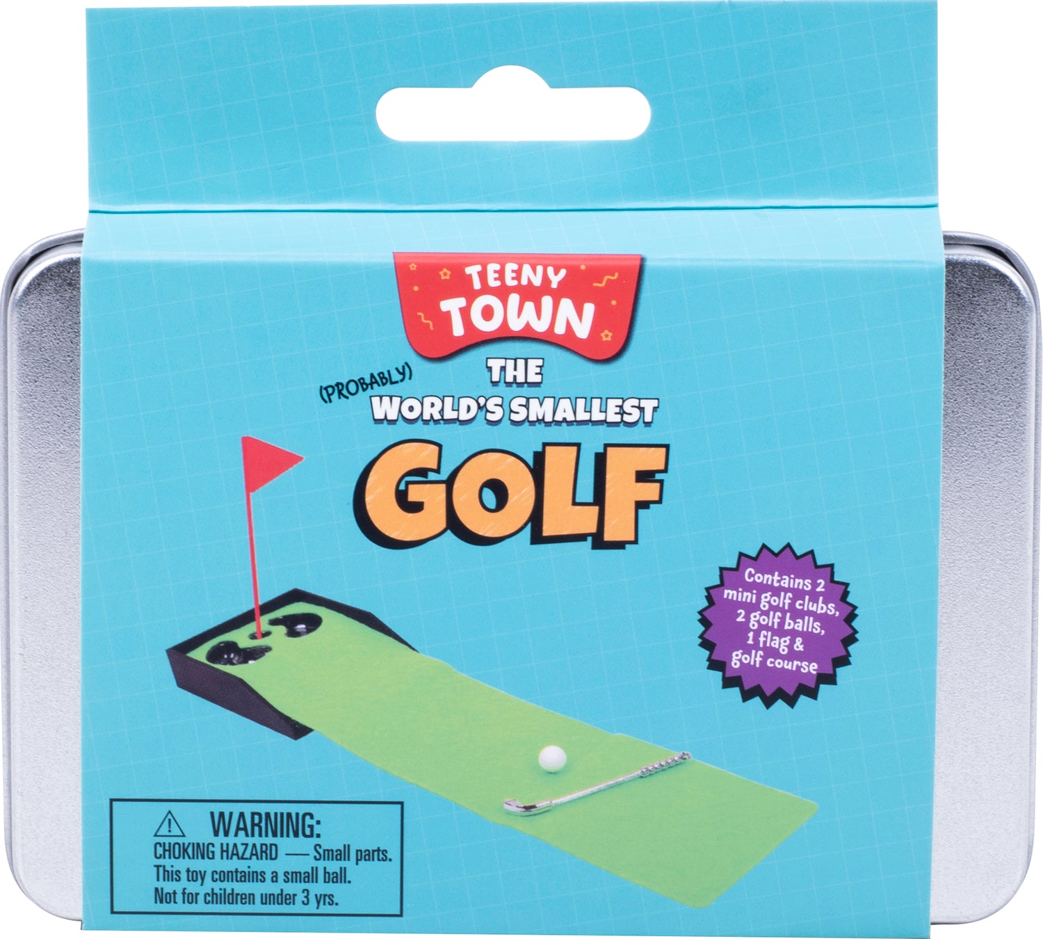 Teeny Town Golf is a fun miniature golf game featuring a colorful packaging. Inside, it includes 2 mini golf clubs, 2 golf balls, and a small golf course with a flag. Perfect for entertaining kids and adults alike!