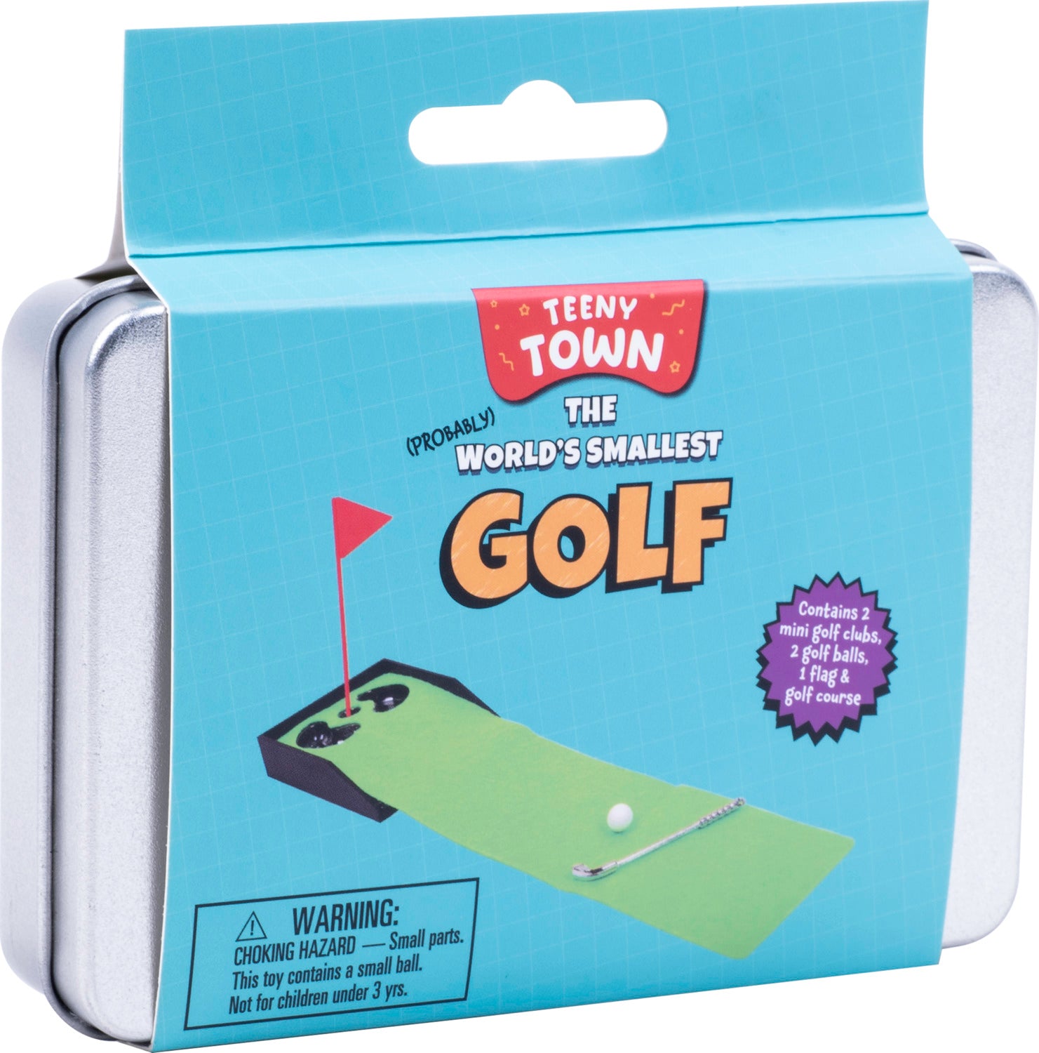 Teeny Town Golf game kit featuring a compact design that includes 2 mini golf clubs, 2 golf balls, a flag, and a green golf course mat. Packaged in a silver tin with a playful blue background and warning label for small parts.