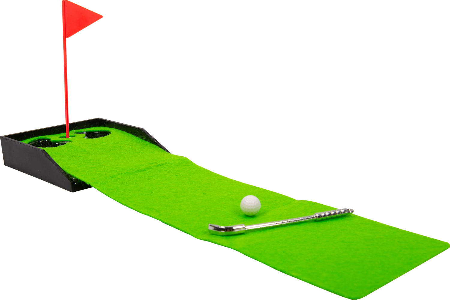 Teeny Town Golf game featuring a vibrant green felt putting area, a small golf ball, a mini golf club, and a red flag signaling the hole. Perfect for indoor entertainment and skill improvement.