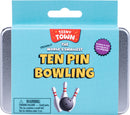 Teeny Town Bowling USA game package featuring the title 'The World's Smallest Ten Pin Bowling' with vibrant graphics. The packaging shows ten mini bowling pins and two bowling balls, all contained within a compact, portable tin. Warning label indicates small parts and choking hazard for children under 3 years.