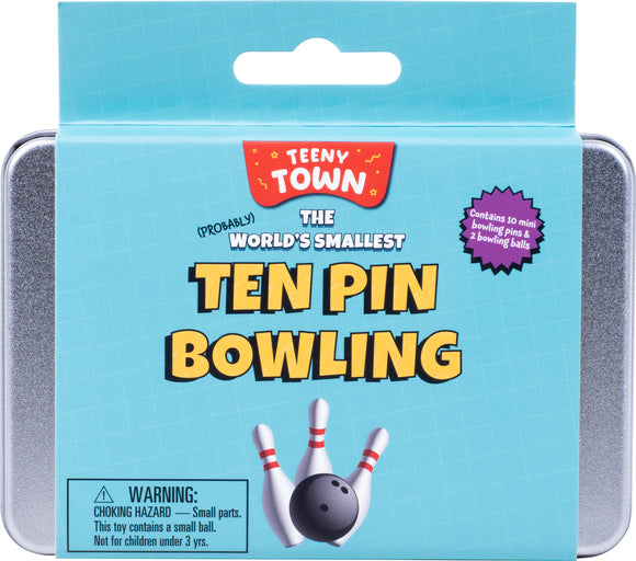 Teeny Town Bowling USA game package featuring the title 'The World's Smallest Ten Pin Bowling' with vibrant graphics. The packaging shows ten mini bowling pins and two bowling balls, all contained within a compact, portable tin. Warning label indicates small parts and choking hazard for children under 3 years.