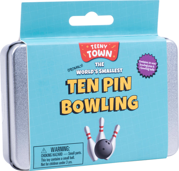 Teeny Town Bowling USA game by Fizz Creations Inc. The packaging features bright colors with bold text stating 'The World's Smallest Ten Pin Bowling.' It includes images of mini bowling pins and a bowling ball, along with a warning about small parts for children under 3 years. Attractive packaging in a compact tin.