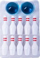 Teeny Town Bowling USA set featuring ten small bowling pins with red stripes and two shiny blue bowling balls, all displayed in a clear plastic tray. Ideal for fun and engaging playtime.