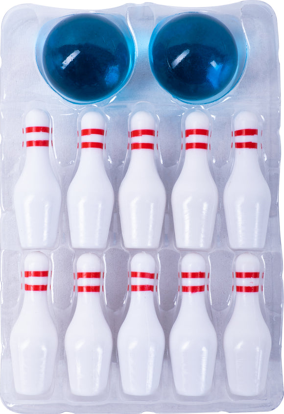 Teeny Town Bowling USA set featuring ten small bowling pins with red stripes and two shiny blue bowling balls, all displayed in a clear plastic tray. Ideal for fun and engaging playtime.