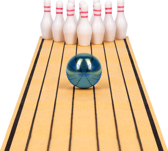 Teeny Town Bowling USA game featuring a colorful bowling ball rolling towards a set of white bowling pins on a stylized bowling lane. The game combines fun and skill, perfect for family game nights.
