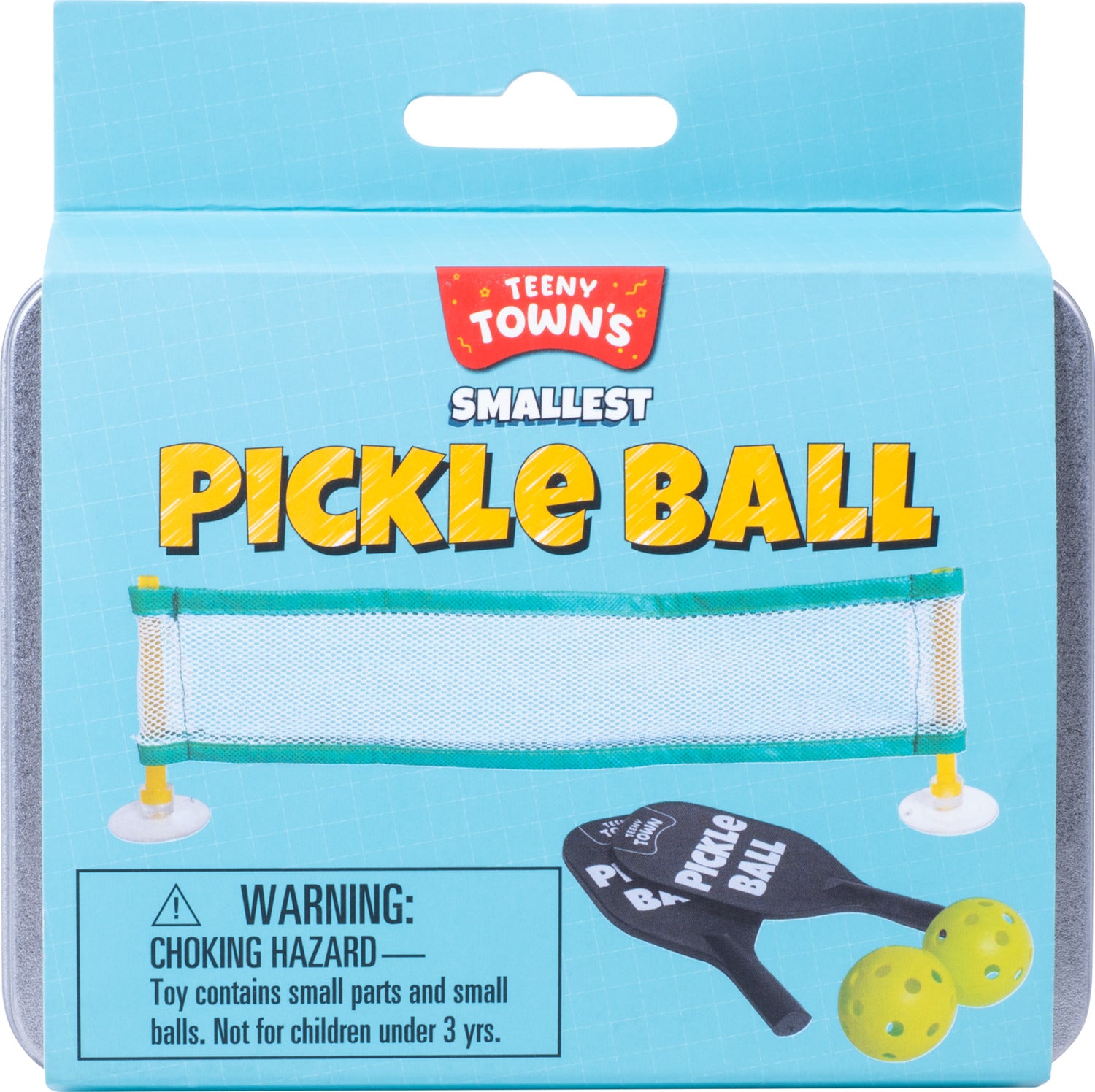 A colorful packaging of the World's Smallest Pickle Ball by Fizz Creations Inc. The product features a miniature pickleball set including a small net, paddles, and balls, all designed for fun and entertainment. A choking hazard warning is prominently displayed on the package, indicating it contains small parts and is unsuitable for children under 3 years.