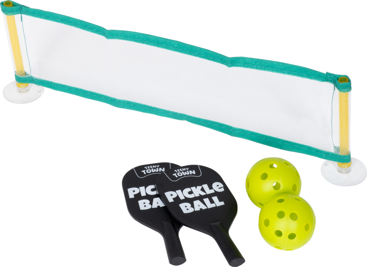 The Worlds Smallest Pickle Ball set includes a mini net, two black paddles labeled 'PICKLE BALL', and two bright green pickle balls. Ideal for fun, portable gameplay anywhere.