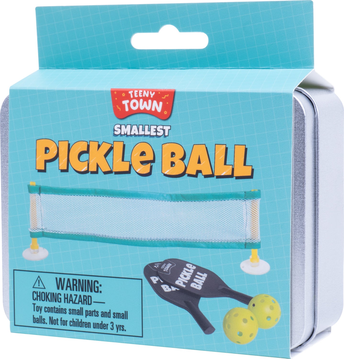 The Worlds Smallest Pickle Ball game from Fizz Creations Inc., features a compact packaging with vibrant teal background and bold text. The set includes a tiny pickleball net, two miniature paddles, and two small pickleballs, all designed for fun gameplay in a smaller size, perfect for kids and adults alike. Warning label indicates choking hazard for children under 3 years.