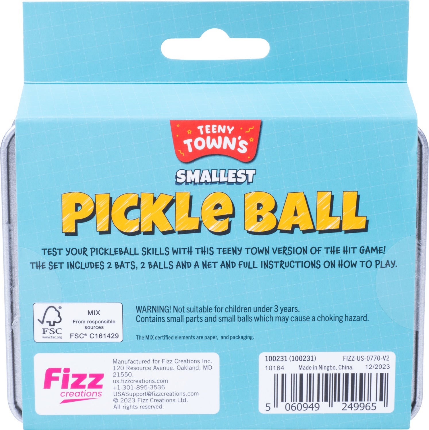 Teeny Town's World's Smallest Pickle Ball set, featuring vibrant packaging that highlights the game. Includes two miniature paddles, two tiny balls, and a net, along with detailed instructions. Warning label indicates it's not suitable for children under 3 years. Perfect for family fun and developing pickleball skills in a fun, compact version.