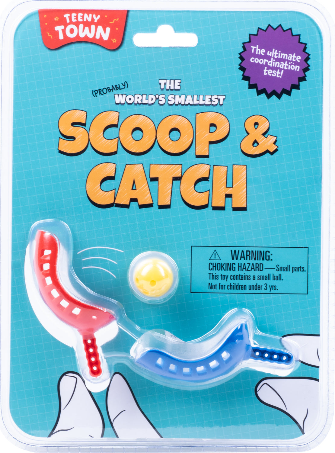 Teeny Town Scoop and Catch game, which includes two colorful scoops in red and blue, and a small yellow ball for coordination challenges. The packaging displays the playful design and a warning about choking hazards, emphasizing the game's engaging and fun nature.