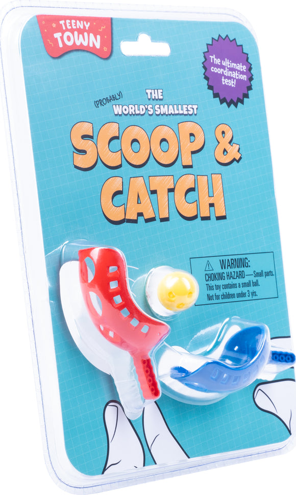 Teeny Town Scoop and Catch game by Fizz Creations Inc. featuring colorful small scoopers in red, blue, and yellow. Designed for coordination testing, the game showcases a fun layout on a blue background with a playful design and warning label about small parts.