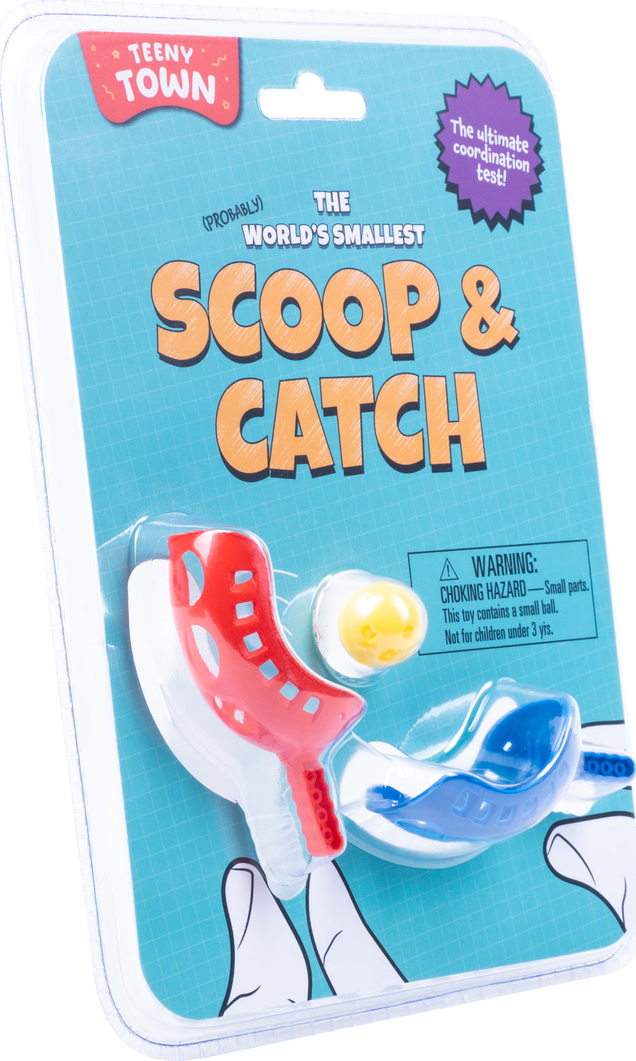 Teeny Town Scoop and Catch game by Fizz Creations Inc. featuring colorful small scoopers in red, blue, and yellow. Designed for coordination testing, the game showcases a fun layout on a blue background with a playful design and warning label about small parts.