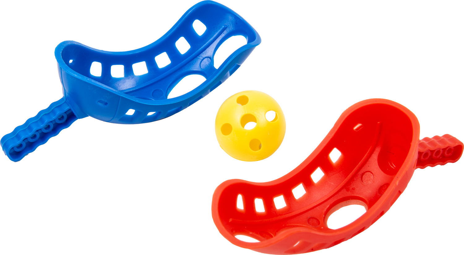 Teeny Town Scoop and Catch game by Fizz Creations Inc. featuring a blue and red scoop with holes and a small yellow ball. Ideal for interactive play.