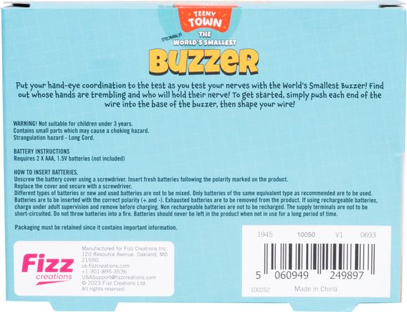 Teeny Town Buzzer Game by Fizz Creations Inc. A fun hand-eye coordination game where players test their nerves by avoiding a buzzing wire. Includes battery instructions, warning for small parts, and assembly details on the back.
