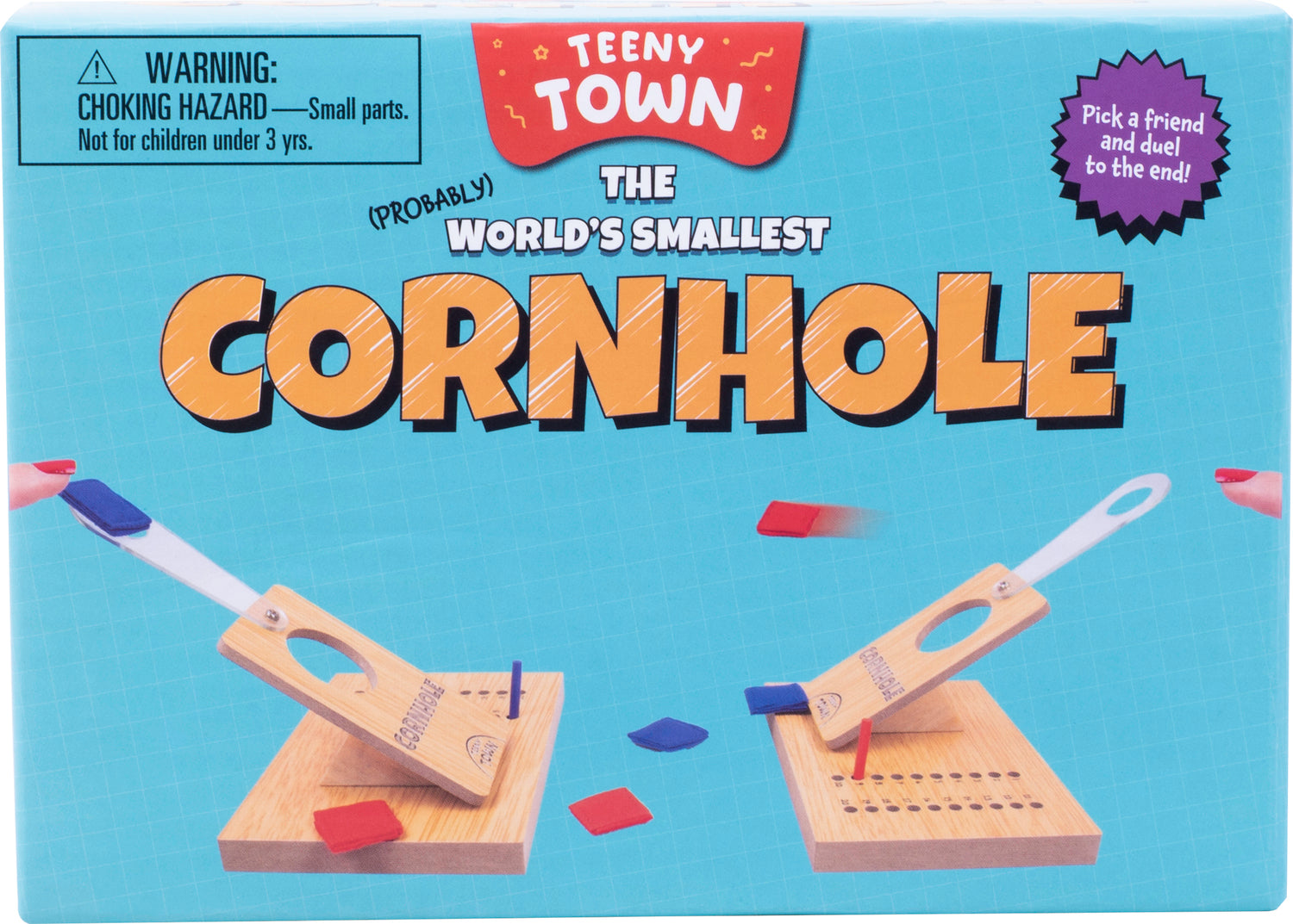 Teeny Town Cornhole Toss game featuring two small wooden boards and colorful bean bags in red and blue. The game promotes friendly competition with easy setup for quick matches.