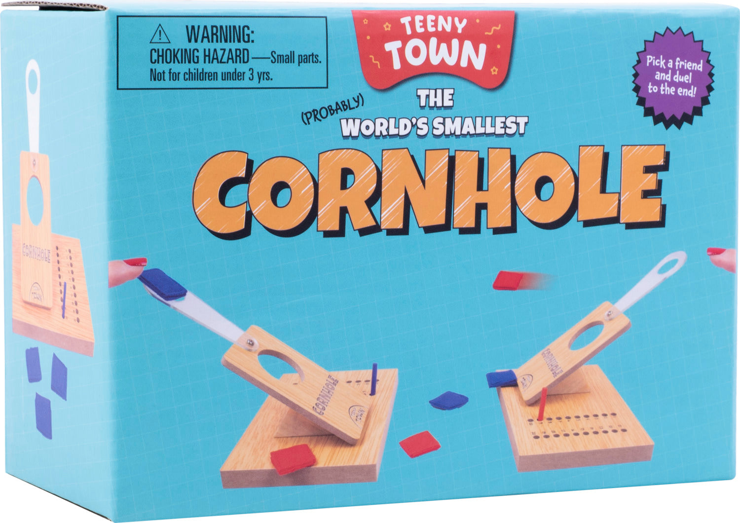 Teeny Town Cornhole Toss game box featuring the world's smallest cornhole set. The packaging showcases a colorful design with fun graphics and a warning about small parts. An image depicts a player using the cornhole launcher to toss colored tokens into the target area.