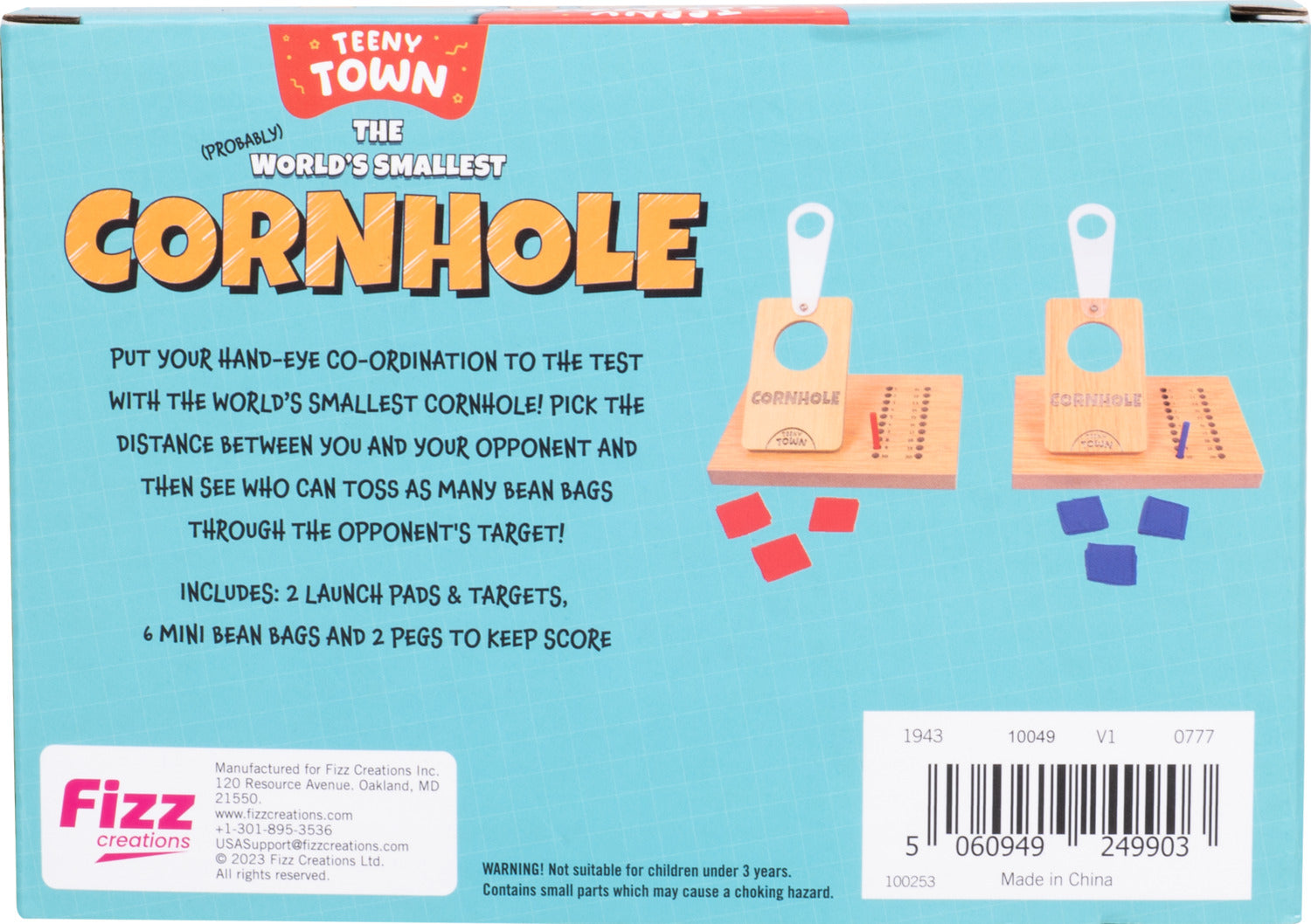 Teeny Town Cornhole Toss game by Fizz Creations Inc., featuring two wooden launch pads with holes for tossing mini bean bags. The game includes 2 launch pads, 6 mini bean bags in red and blue, and 2 pegs for keeping score. It's designed for hand-eye coordination challenges with a fun competitive twist.