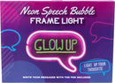 A vibrant box featuring the Neon Speech Bubble Frame Light by Fizz Creations Inc. The light showcases a bright pink and glowing green speech bubble with the text 'GLOW UP'. The background is a gradient of purple with playful speech bubble outlines, emphasizing creativity and expression. A note indicates that users can write messages with the included pen.