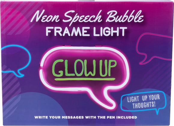 A vibrant box featuring the Neon Speech Bubble Frame Light by Fizz Creations Inc. The light showcases a bright pink and glowing green speech bubble with the text 'GLOW UP'. The background is a gradient of purple with playful speech bubble outlines, emphasizing creativity and expression. A note indicates that users can write messages with the included pen.
