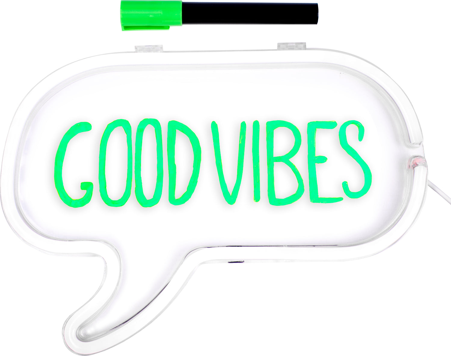 A neon light in the shape of a speech bubble displaying the text 'GOOD VIBES' in vibrant green. The light is surrounded by a clear plastic frame and includes a black marker for customization.