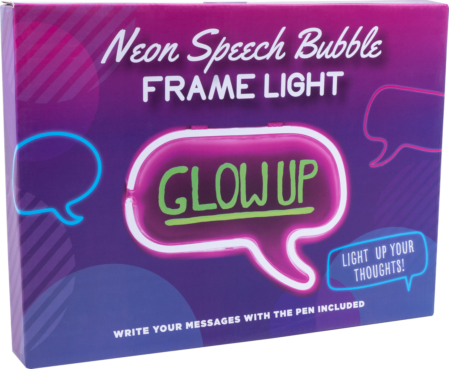 A colorful product box for the Neon Speech Bubble Frame Light by Fizz Creations Inc. featuring bright neon colors. The box displays a speech bubble design with 'GLOW UP' written in vibrant green, framed by pink neon light. It includes the message 'WRITE YOUR MESSAGES WITH THE PEN INCLUDED' emphasizing the interactive nature of the product.