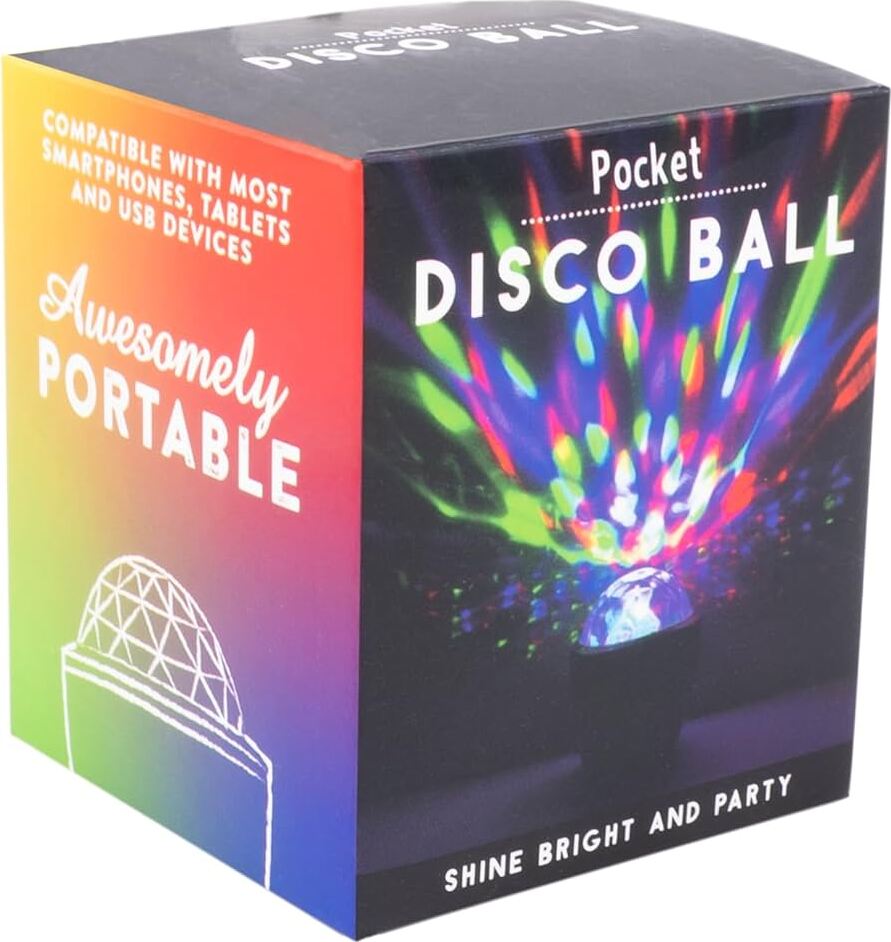 A vibrant box showcasing the Pocket Disco Ball by Fizz Creations Inc. The packaging features colorful graphics with text emphasizing its portability and compatibility with smartphones and USB devices. The disco ball is designed to create dynamic light displays suitable for parties and celebrations.