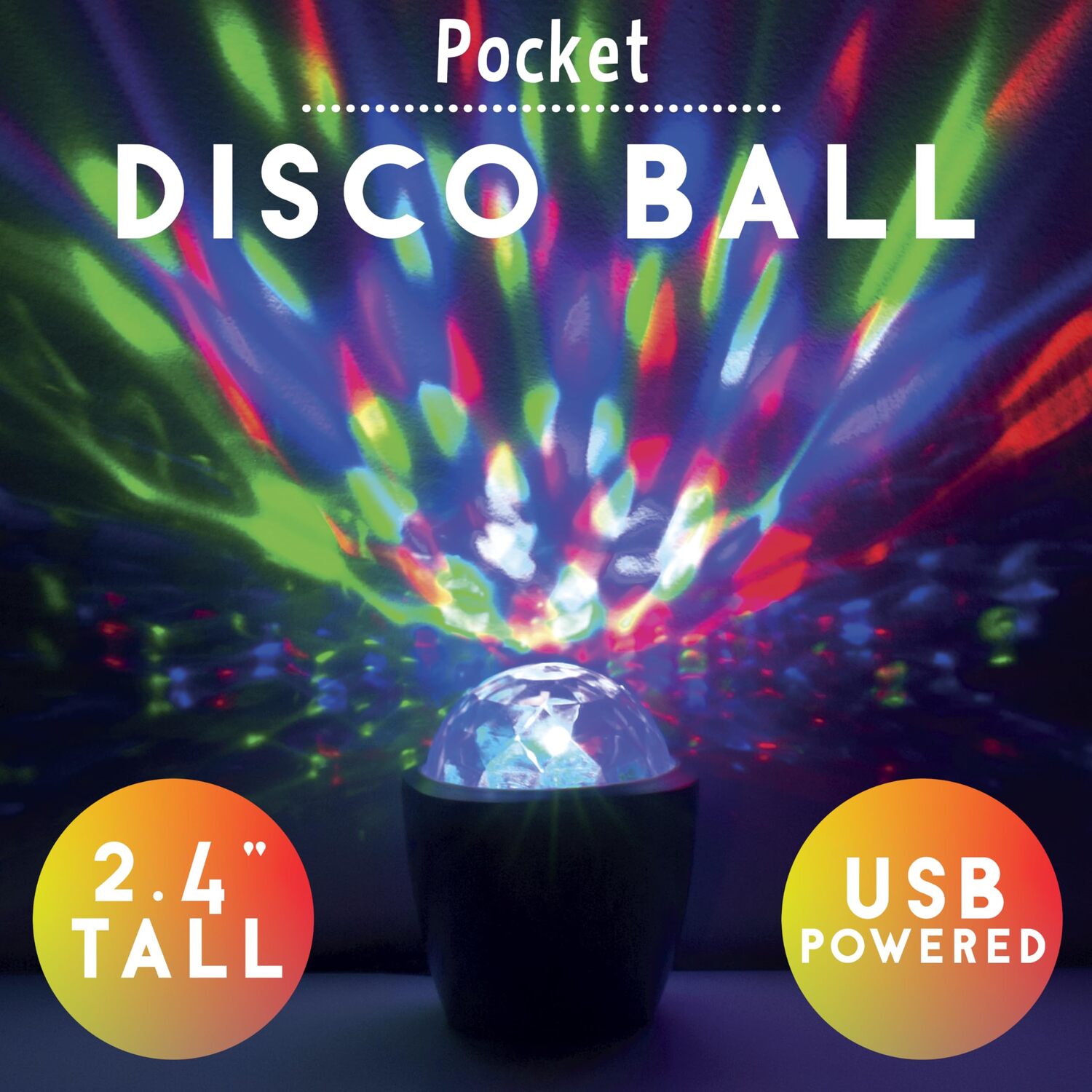 A compact USB-powered disco ball measuring 2.4 inches tall, emitting colorful light patterns against a dark background. Ideal for creating a lively atmosphere at parties or events.