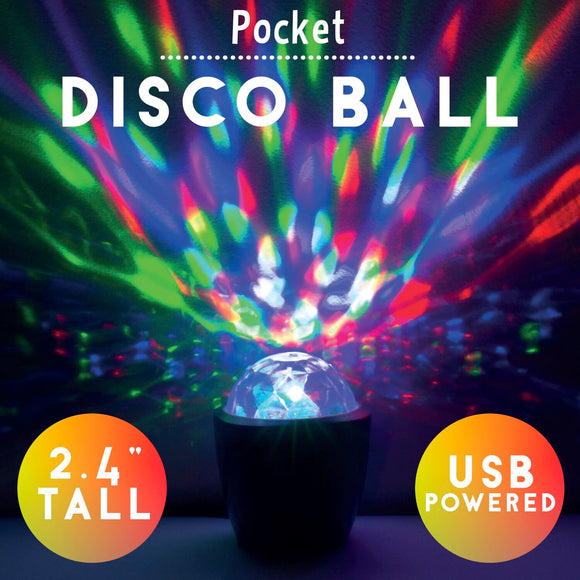 A compact USB-powered disco ball measuring 2.4 inches tall, emitting colorful light patterns against a dark background. Ideal for creating a lively atmosphere at parties or events.