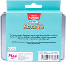 Teeny Tiny Soccer game by Fizz Creations Inc., featuring a blue tin packaging displaying the title and a description of the tiny indoor soccer game. A warning label indicates it's not suitable for children under 3 years due to small parts.