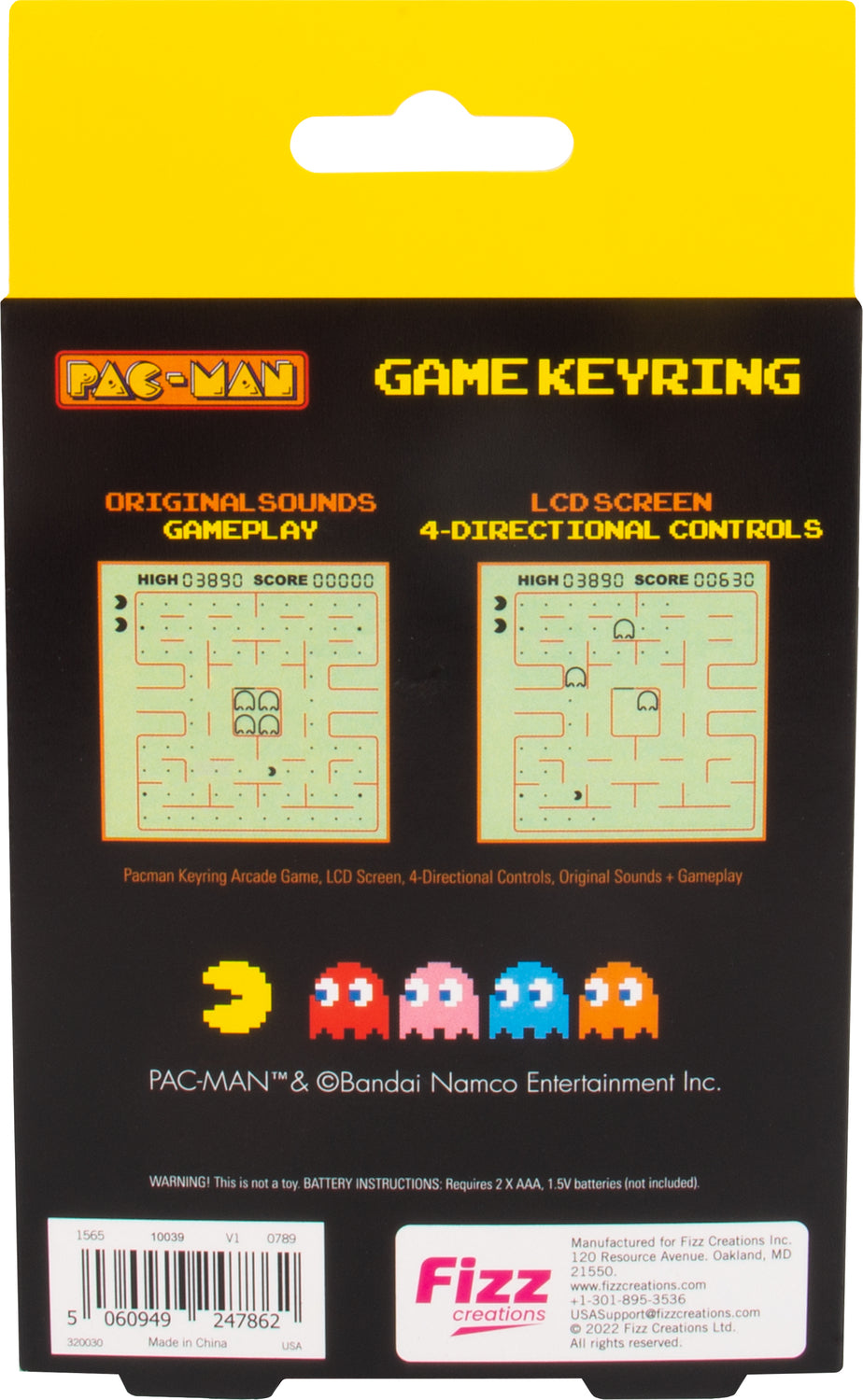 Back of the Pac-Man Keyring Arcade Game by Fizz Creations showing its LCD screen with original sounds and gameplay features. It includes directional controls and gameplay instructions with a vibrant design featuring Pac-Man and ghost characters.