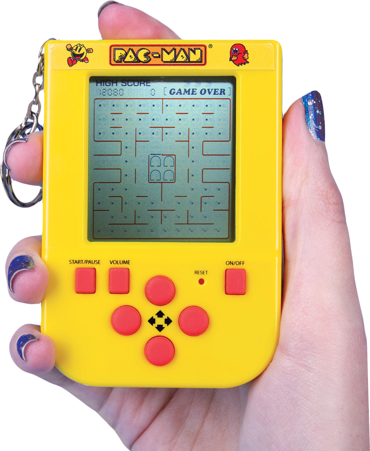 A close-up image of a bright yellow Pac-Man keyring arcade game being held in a person's hand. The device features a small screen displaying a game over screen and has red control buttons for gameplay. The keyring loop is visible, making it easy to attach to keys or bags.