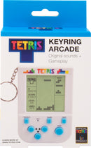 Tetris Keyring Arcade Game by Fizz Creations Inc. featuring a mini handheld gaming device with a colorful display, showing gameplay, buttons for controls, and a keyring attachment. The package displays the Tetris logo and promotes original sounds and gameplay.