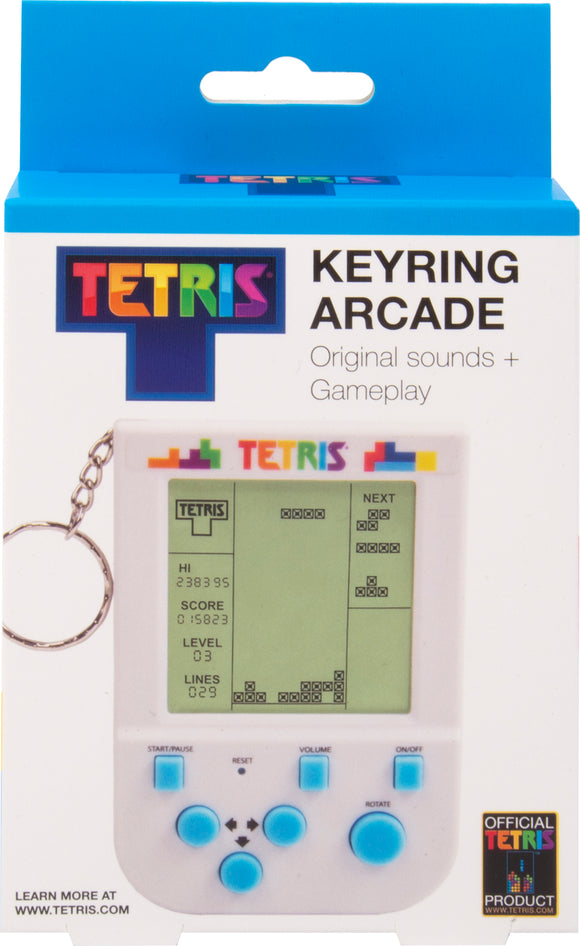 Tetris Keyring Arcade Game by Fizz Creations Inc. featuring a mini handheld gaming device with a colorful display, showing gameplay, buttons for controls, and a keyring attachment. The package displays the Tetris logo and promotes original sounds and gameplay.