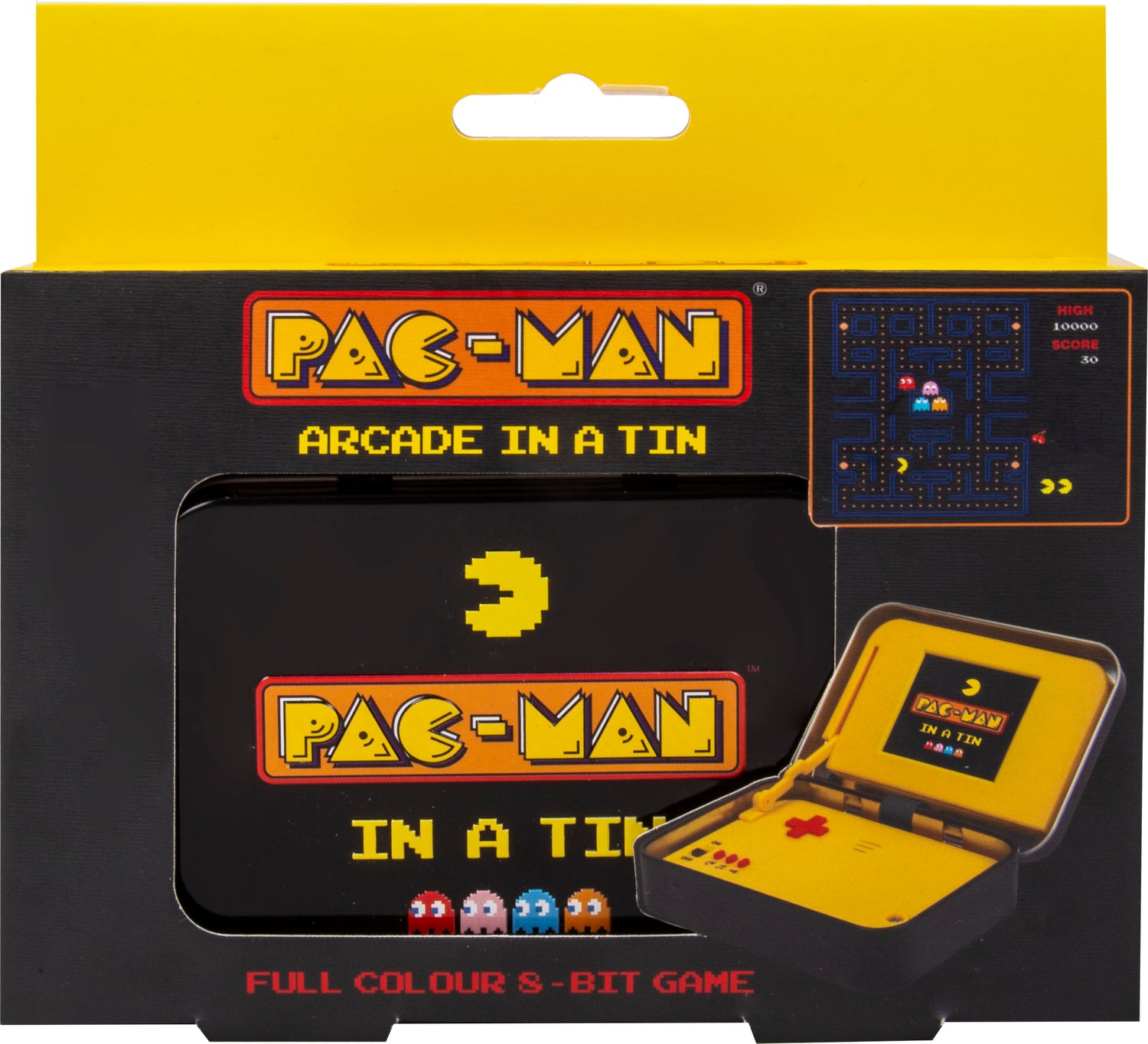 Pac-Man Arcade In a Tin by Fizz Creations Inc. This nostalgic game features a classic 8-bit design and includes a portable gaming device with a vibrant, full-color screen. The packaging showcases the iconic Pac-Man logo and classic maze graphics, perfect for retro gaming enthusiasts.