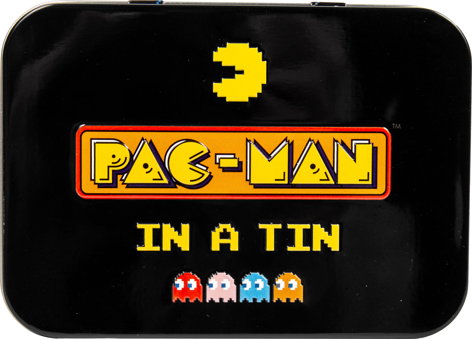 Pac-Man Arcade in a Tin by Fizz Creations Inc. Features the classic Pac-Man logo, colorful ghosts, and a sleek black tin design. A nostalgic game for all ages, perfect for fans of retro gaming.