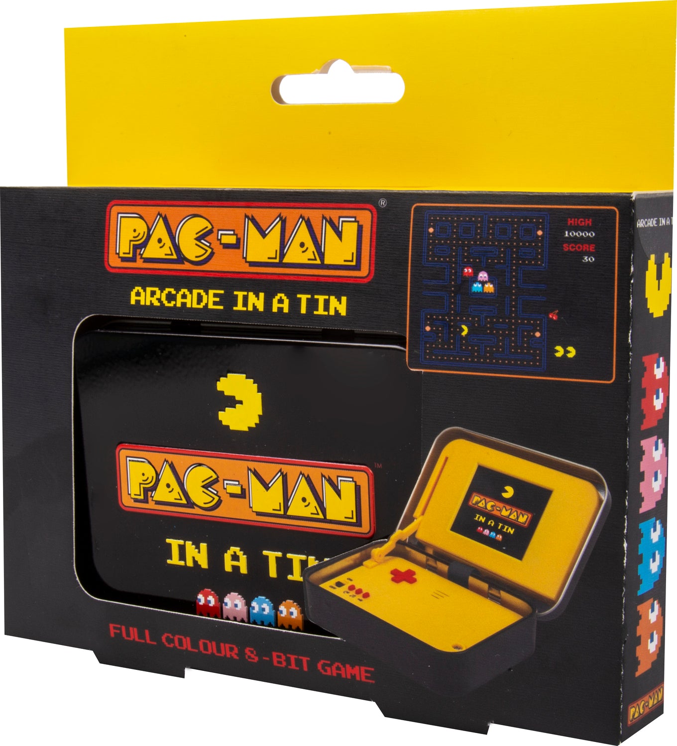 Pac-Man Arcade In a Tin product packaging featuring a retro-style handheld console with a yellow exterior, displaying an 8-bit Pac-Man game screen and controls. The packaging features a black background with colorful Pac-Man characters and game graphics, emphasizing its nostalgic appeal as a compact gaming experience.