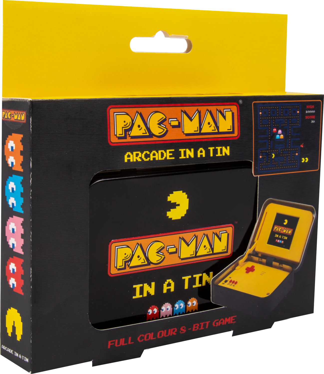 Pac-Man Arcade in a Tin by Fizz Creations Inc. features a portable retro gaming console designed with iconic Pac-Man graphics. The tin package displays colorful characters from the game, and a preview of the game screen is visible, showcasing high score details. It's an engaging game designed for enthusiasts of all ages, perfect for nostalgic gaming experiences.