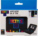 Tetris Arcade In A Tin by Fizz Creations Inc., featuring colorful Tetris logo and gameplay display. The tin is designed for classic Tetris games, including Marathon and Sprint modes, making it a perfect travel-sized game for fans.