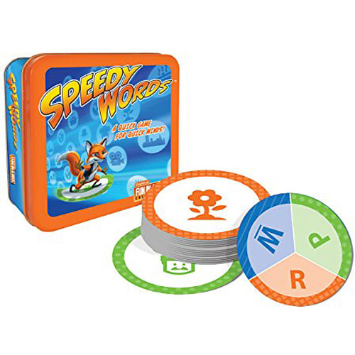 Speedy Words game by FoxMind Canada, presented in a colorful tin box. The game features round cards with vibrant colors and playful icons, promoting quick thinking and word recall. Ideal for family game nights and gatherings, encouraging fun and engagement.