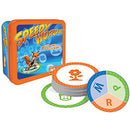 Speedy Words game by FoxMind Canada, presented in a colorful tin box. The game features round cards with vibrant colors and playful icons, promoting quick thinking and word recall. Ideal for family game nights and gatherings, encouraging fun and engagement.
