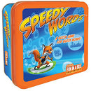 Speedy Words game in a colorful tin, featuring a cartoon fox character on the front. The game is designed for quick-thinking players, encouraging fast word association and mental agility. The tin has vibrant graphics and playful designs, making it an attractive addition to any game collection.