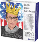 Ruth Bader Ginsburg jigsaw puzzle by Funwares featuring an artistic illustration of RBG adorned with a crown, set against a backdrop echoing the American flag. The box highlights her legacy and the powerful quote, 'Women Belong in All Places Where Decisions are Being Made.' This 1000-piece puzzle invites enthusiasts to celebrate Justice Ginsburg's contributions to gender equality and justice.