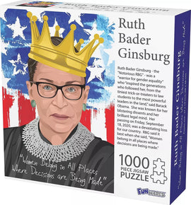 Ruth Bader Ginsburg jigsaw puzzle by Funwares featuring an artistic illustration of RBG adorned with a crown, set against a backdrop echoing the American flag. The box highlights her legacy and the powerful quote, 'Women Belong in All Places Where Decisions are Being Made.' This 1000-piece puzzle invites enthusiasts to celebrate Justice Ginsburg's contributions to gender equality and justice.