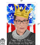 Jigsaw puzzle featuring Ruth Bader Ginsburg's portrait, adorned with a golden crown against a backdrop of red, white, and blue, along with the quote 'Women Belong in All Places Where Decisions are Being Made.' Puzzle dimensions are 19" x 27". Gift-ready packaging indicated.