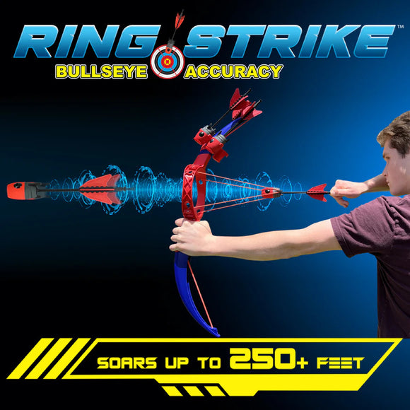A young person aims the Ring Strike game, which features a colorful red and blue design. The game showcases its ability to shoot arrows over 250 feet, emphasizing bullseye accuracy. Dynamic visual elements depict powerful propulsion as the player prepares to launch an arrow.