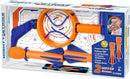 Mighty Strike game by Funwares features a colorful power-grip bow with a bullseye sight, designed for kids aged 8 and up. The packaging showcases 2 soft-tip arrows suitable for indoor and outdoor use, along with spare bungee bands for extended gameplay fun.