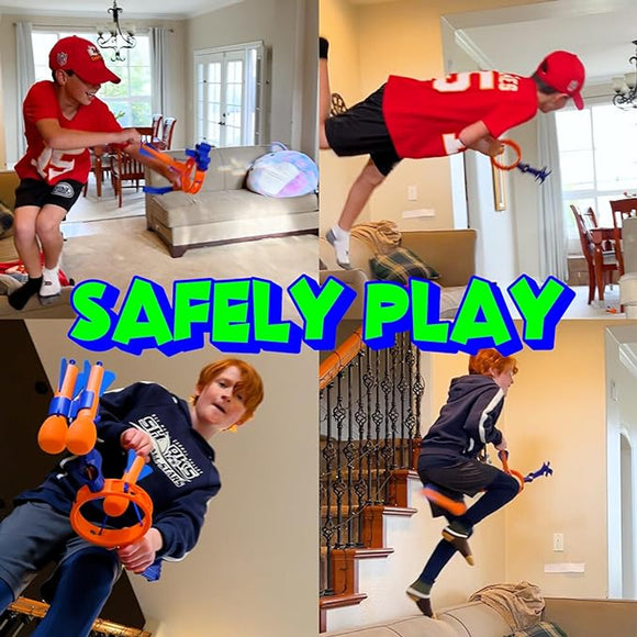 Children playing with the Mighty Strike game from Funwares, showcasing various dynamic poses and movements in a spacious living room. The bright colors of the game elements are visible, creating an exciting atmosphere. The game encourages active play and safe engagement for kids, evident from the smiles and actions of the children as they interact with the game.